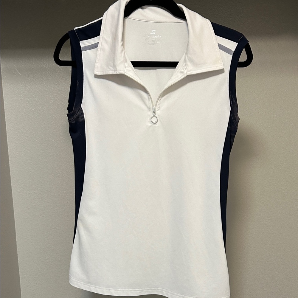 Chic White and Navy Sleeveless Polo Top